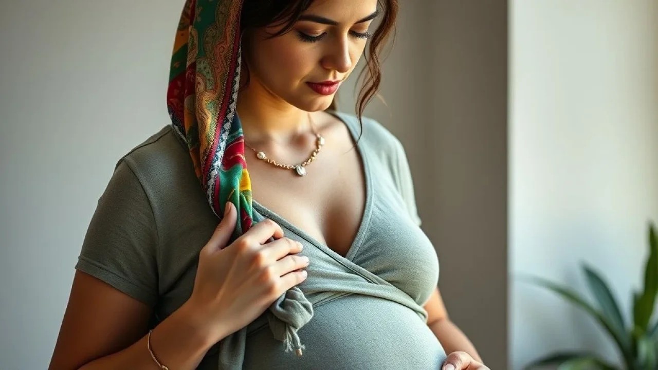 Gestante brasileira usando lenço colorido e colar, acessórios de moda.