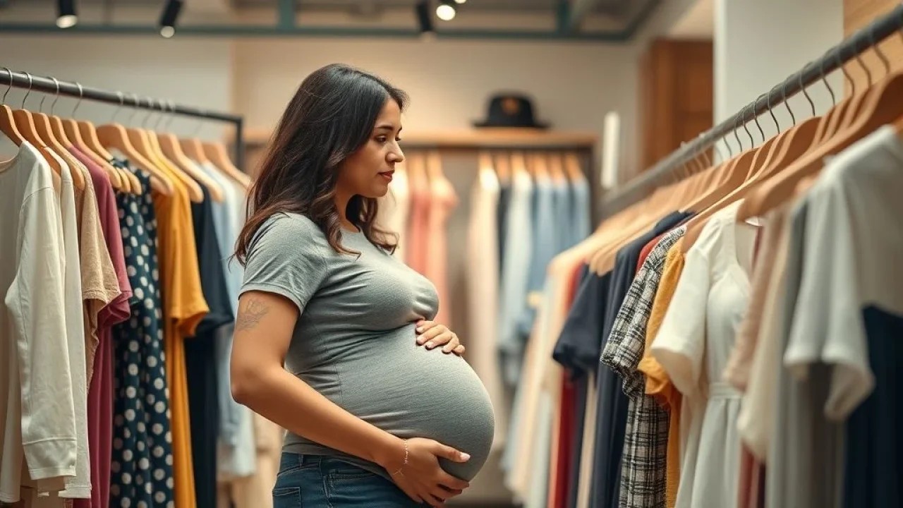 Gestante brasileira escolhendo roupas em boutique, moda gestante acessível.