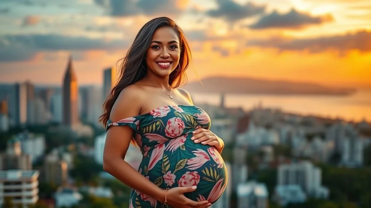 Gestante brasileira sorrindo, vestido elegante, paisagem urbana brasileira.