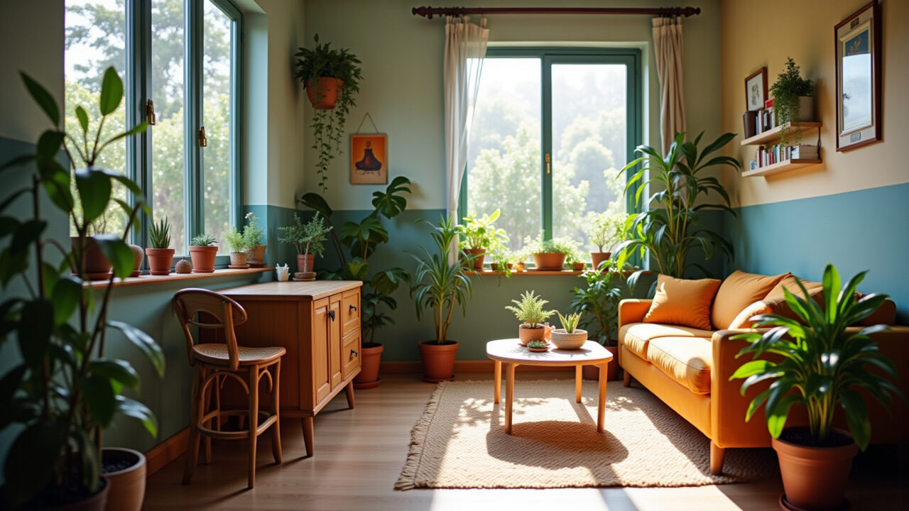 Brazilian studio apartment with indoor plants, natural light, cozy atmosphere, 8K quality, Kitnet brasileira com plantas internas e iluminação natural.