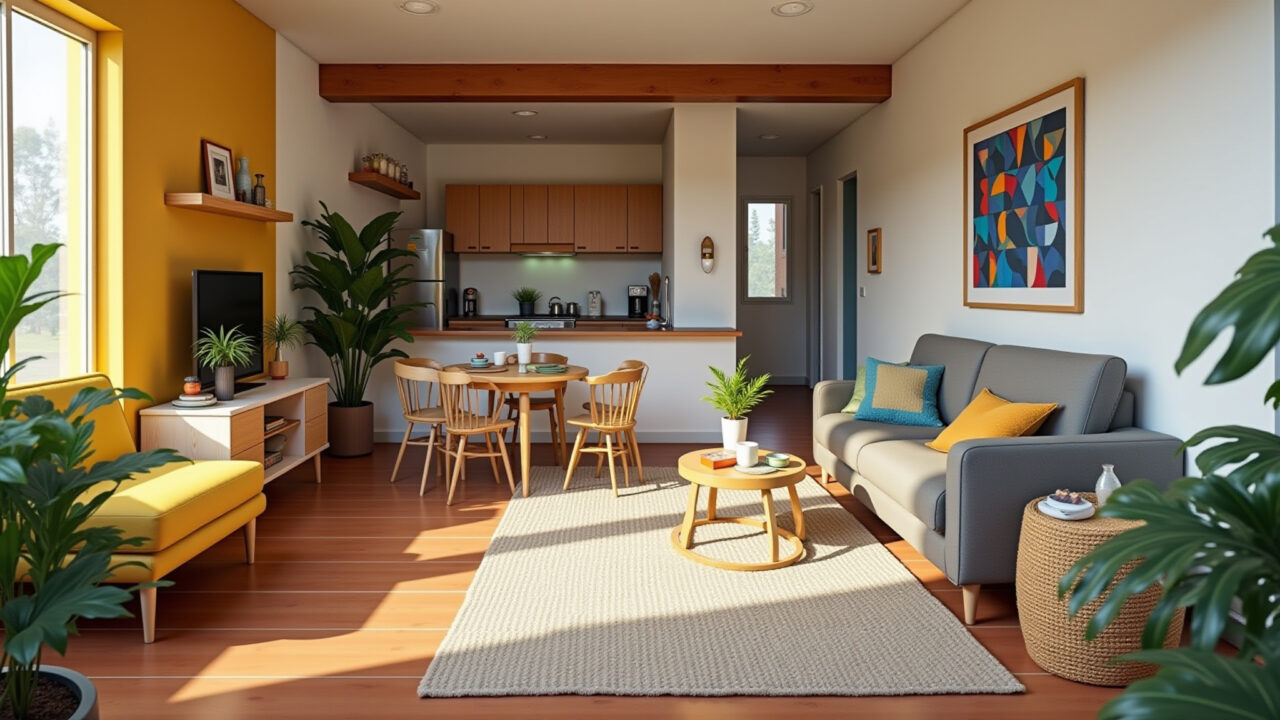 Brazilian style one-bedroom apartment interior, natural light, cozy living room, open concept, Sala de estar aconchegante em apartamento de um quarto com decoração brasileira.