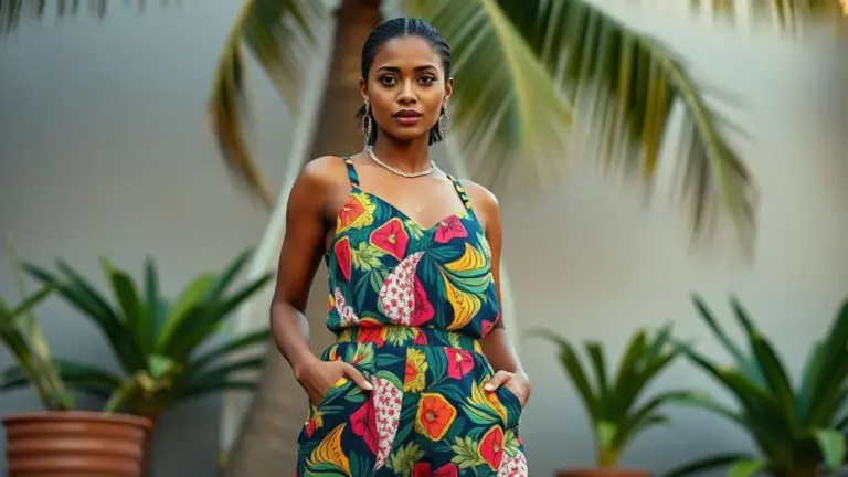 Mulher alta brasileira elegante em macacão pantalona colorido.
