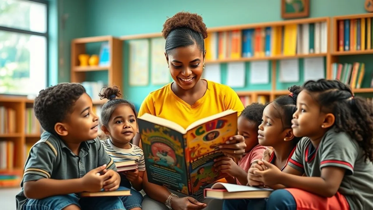 Professora voluntária lendo para crianças em biblioteca escolar. Educação e voluntariado no Brasil.