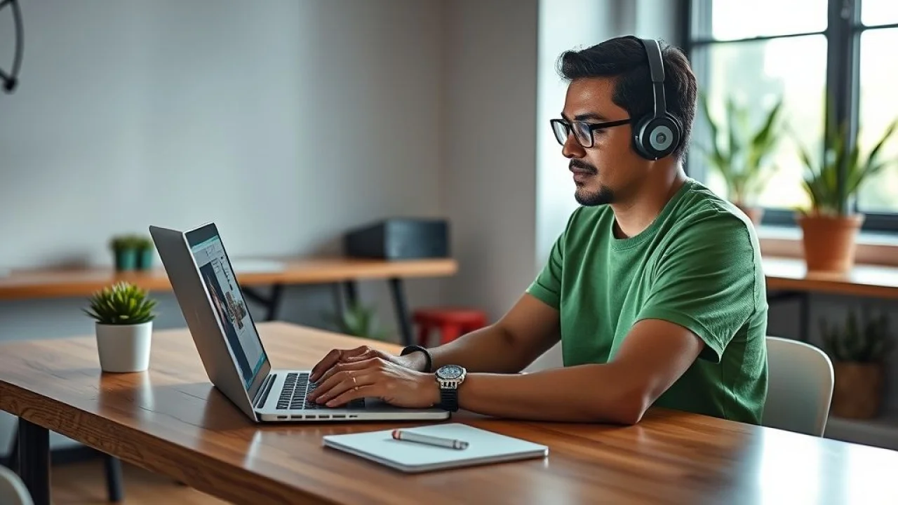 Voluntário brasileiro usando laptop para ajudar ONG com marketing digital. Voluntariado online.