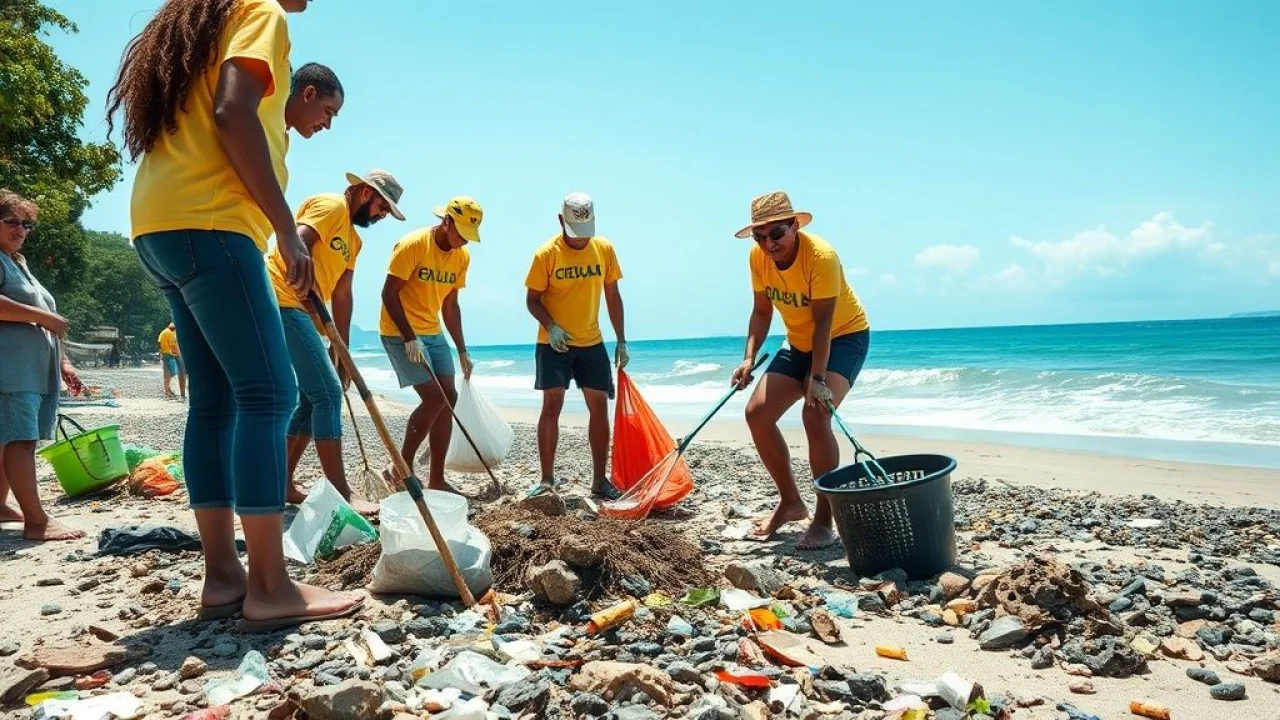 Voluntários brasileiros limpando praia poluída. Meio ambiente e voluntariado no Brasil.