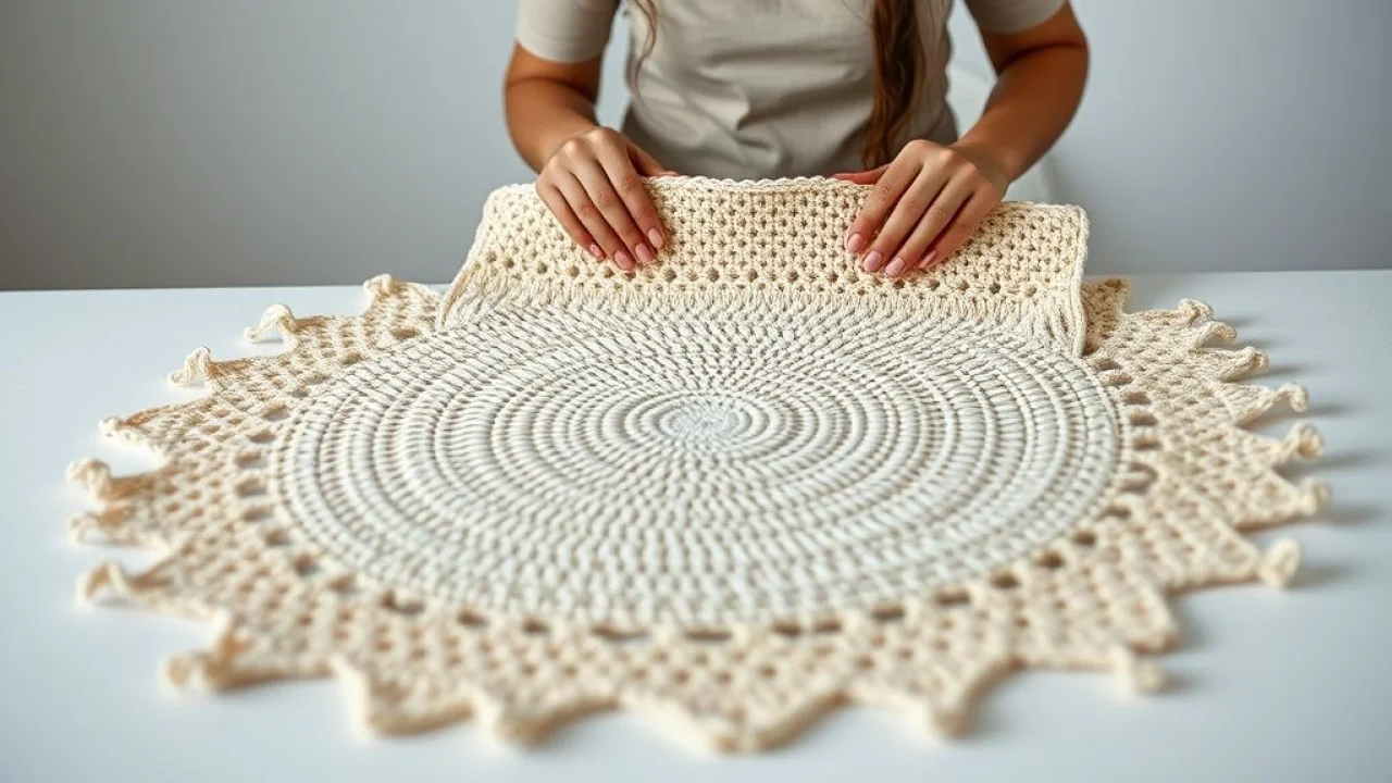 Brazilian woman blocking a finished crochet rug on a flat surface with pins, soft lighting, Mulher brasileira bloqueando tapete de crochê com alfinetes para acabamento.