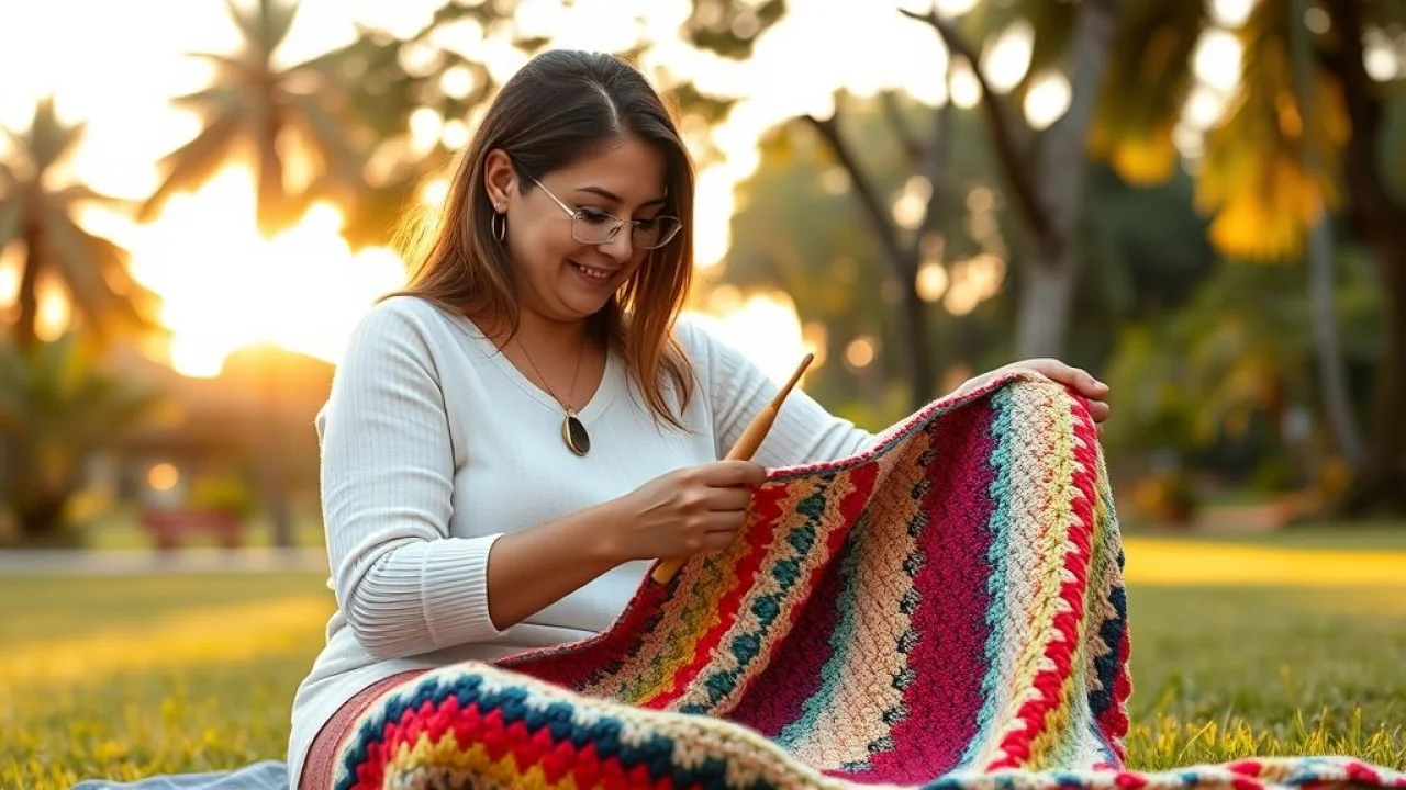 Brazilian woman crocheting a colorful blanket outdoors in a park, using a bamboo crochet hook, Brasileira crocheta manta colorida com agulha de bambu em parque ao ar livre.
