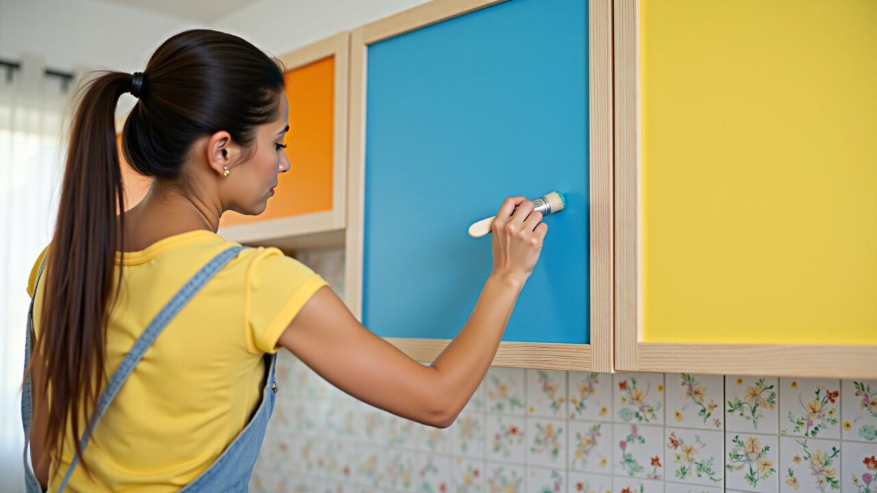 Brazilian woman painting MDF kitchen cabinet, using water-based enamel paint, bright colors, DIY Mulher pintando armário de MDF com tinta esmalte à base de água.