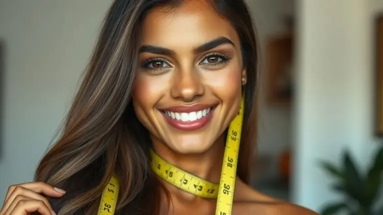 Mulher brasileira sorrindo enquanto mede o comprimento do cabelo saudável com fita métrica.