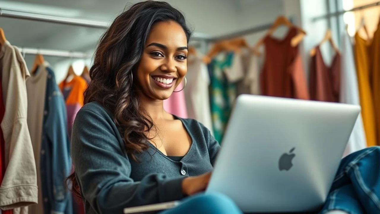 Mulher brasileira sorrindo, comprando roupas online no laptop, cercada por peças de roupa.