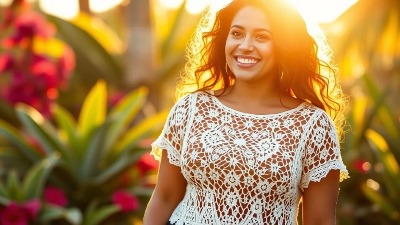 Brazilian woman smiling, wearing a perfectly fitted top-down crochet blouse in a vibrant, sunny Mulher brasileira sorrindo usando blusa de crochê top down. Luz dourada.