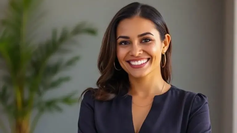 Mulher brasileira sorrindo, blusa estilosa manga 3/4, silhueta valorizada, ombros e braços, moda inclusiva.