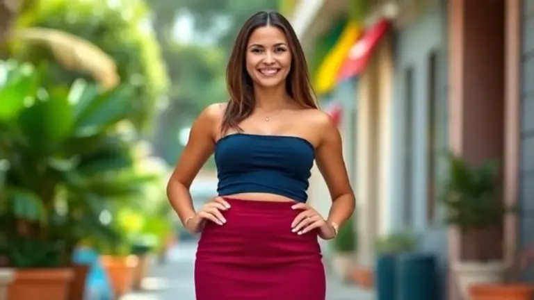 Mulher brasileira sorrindo, usando saia que valoriza o corpo. Confiança e autoestima.