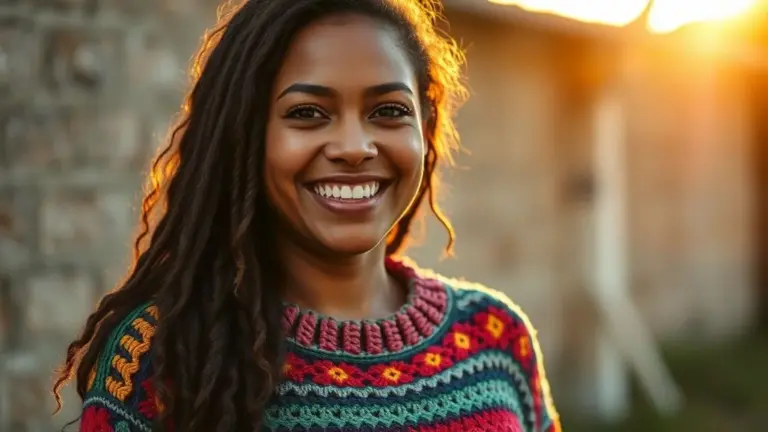 Mulher brasileira sorrindo, usando blusa de crochê top down colorida sob luz dourada.