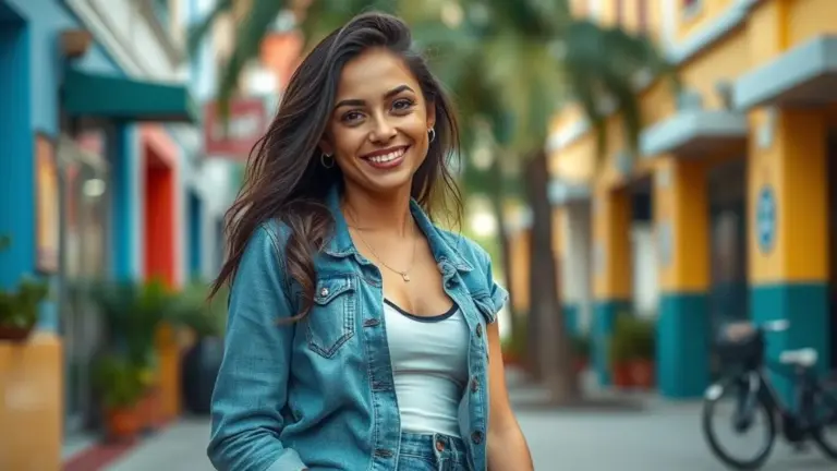 Mulher brasileira sorrindo, usando jeans e tênis em cenário urbano vibrante, mostrando estilo casual.