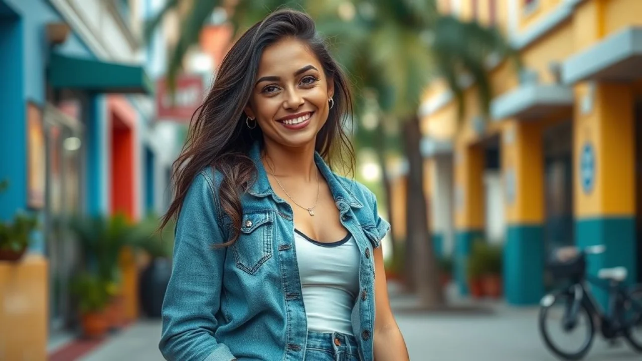 Mulher brasileira sorrindo, usando jeans e tênis em cenário urbano vibrante, mostrando estilo casual.
