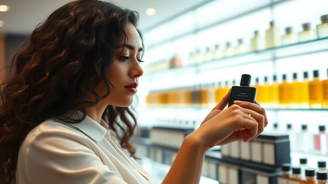 Brazilian woman testing perfume on her wrist in a bright, modern perfumery. Soft, diffused Brasileira testando perfume no pulso. Escolha do perfume.