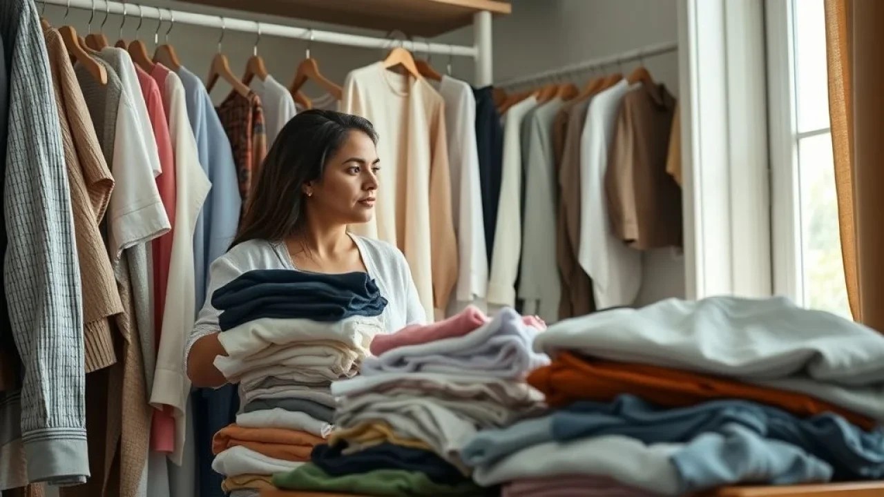 Brasileira organizando seu guarda-roupa, separando roupas para doar, guardar ou customizar.