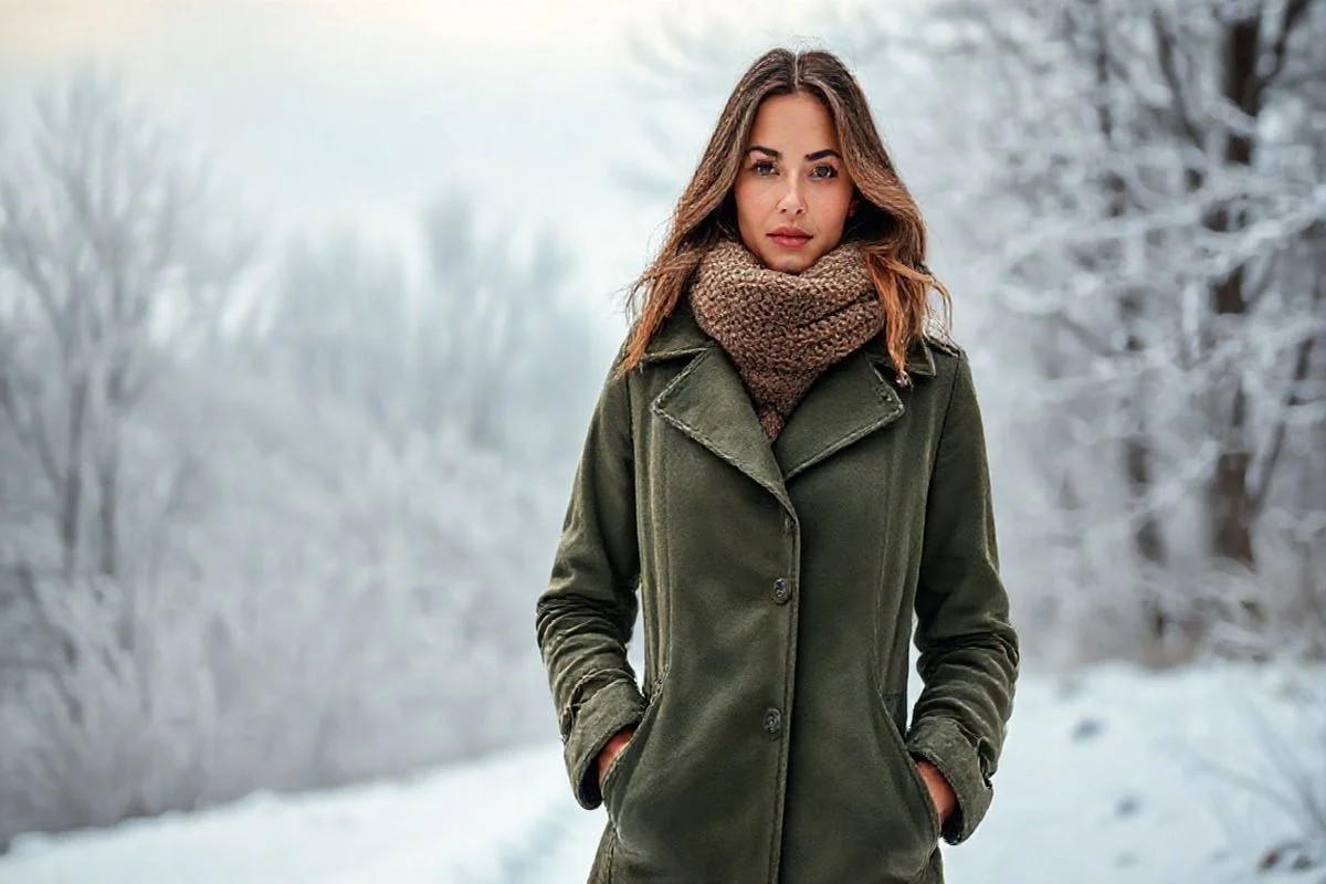 Look de inverno com casaco verde militar, cachecol de lã e botas. Moda de inverno brasileira.