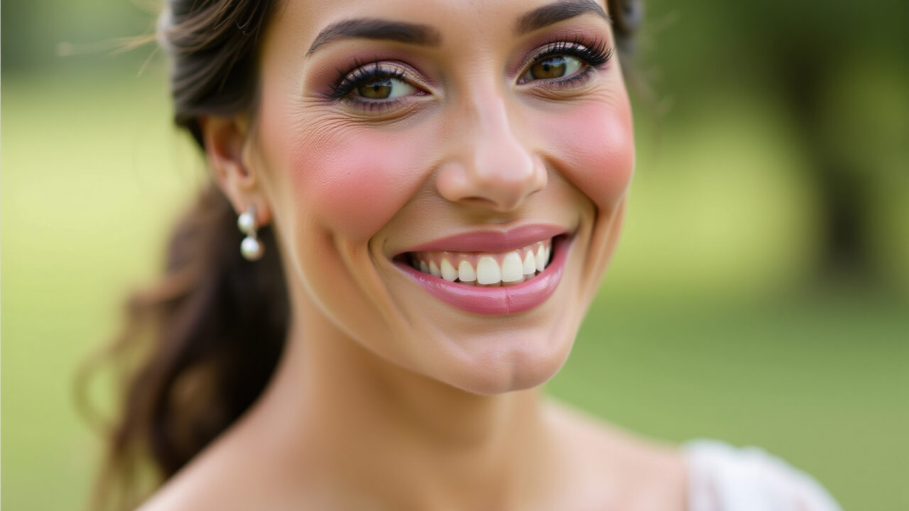 Brazilian woman with blush, rosy cheeks, natural makeup, afternoon wedding in 'chácara', Blush rosado para um toque de saúde em maquiagem de casamento.