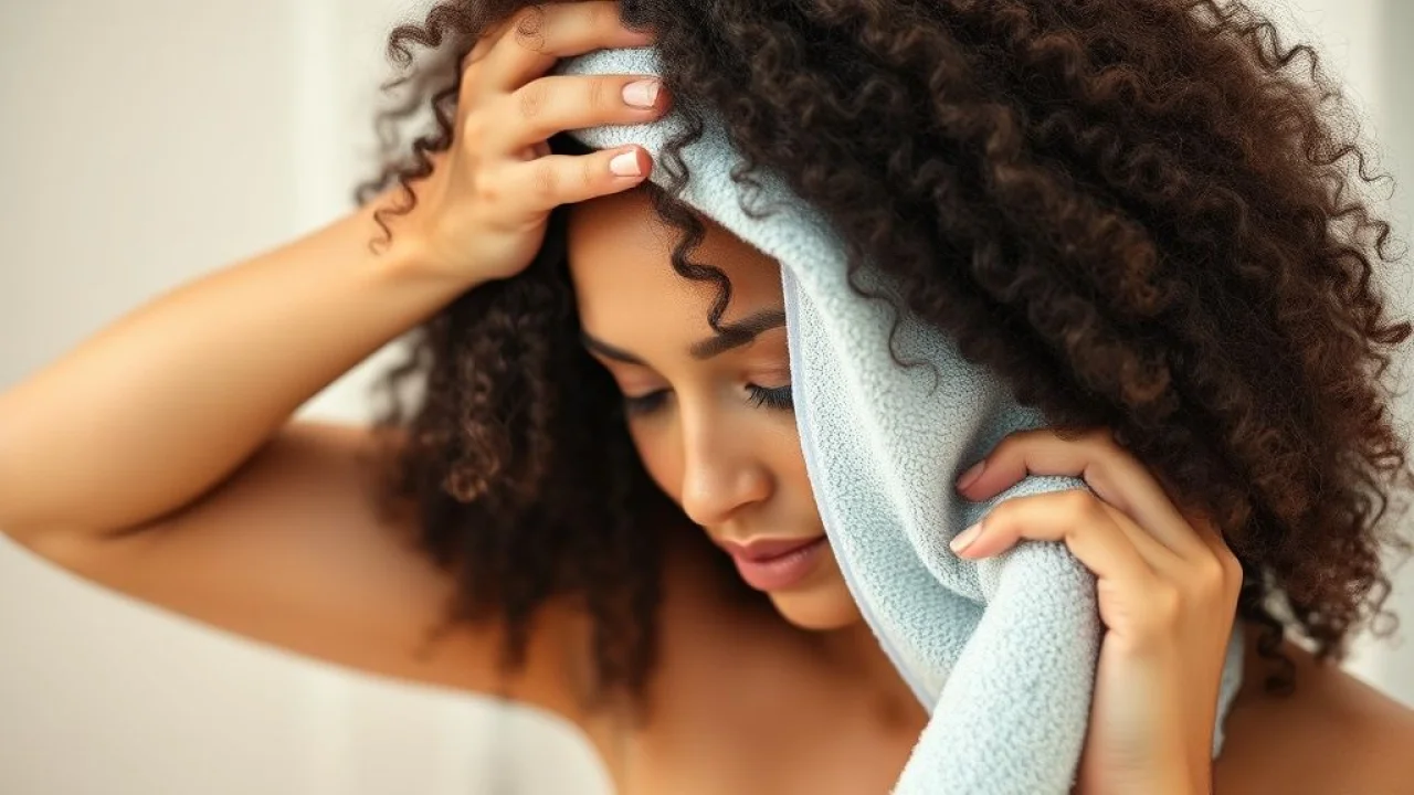 Mulher secando o cabelo cacheado com toalha de microfibra, sem esfregar. Finalização para evitar o frizz.