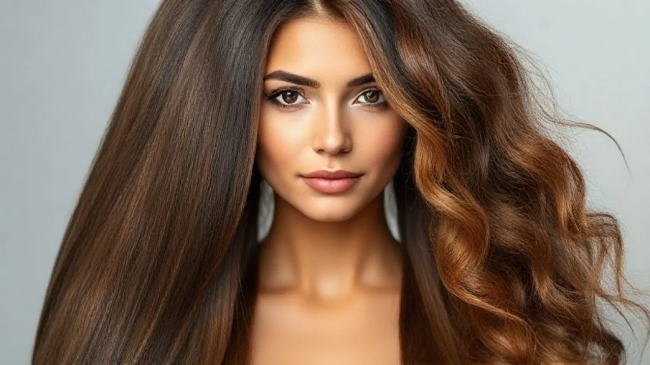 Comparativo: metade do cabelo liso e brilhante, metade com frizz e seco. Controle do frizz.