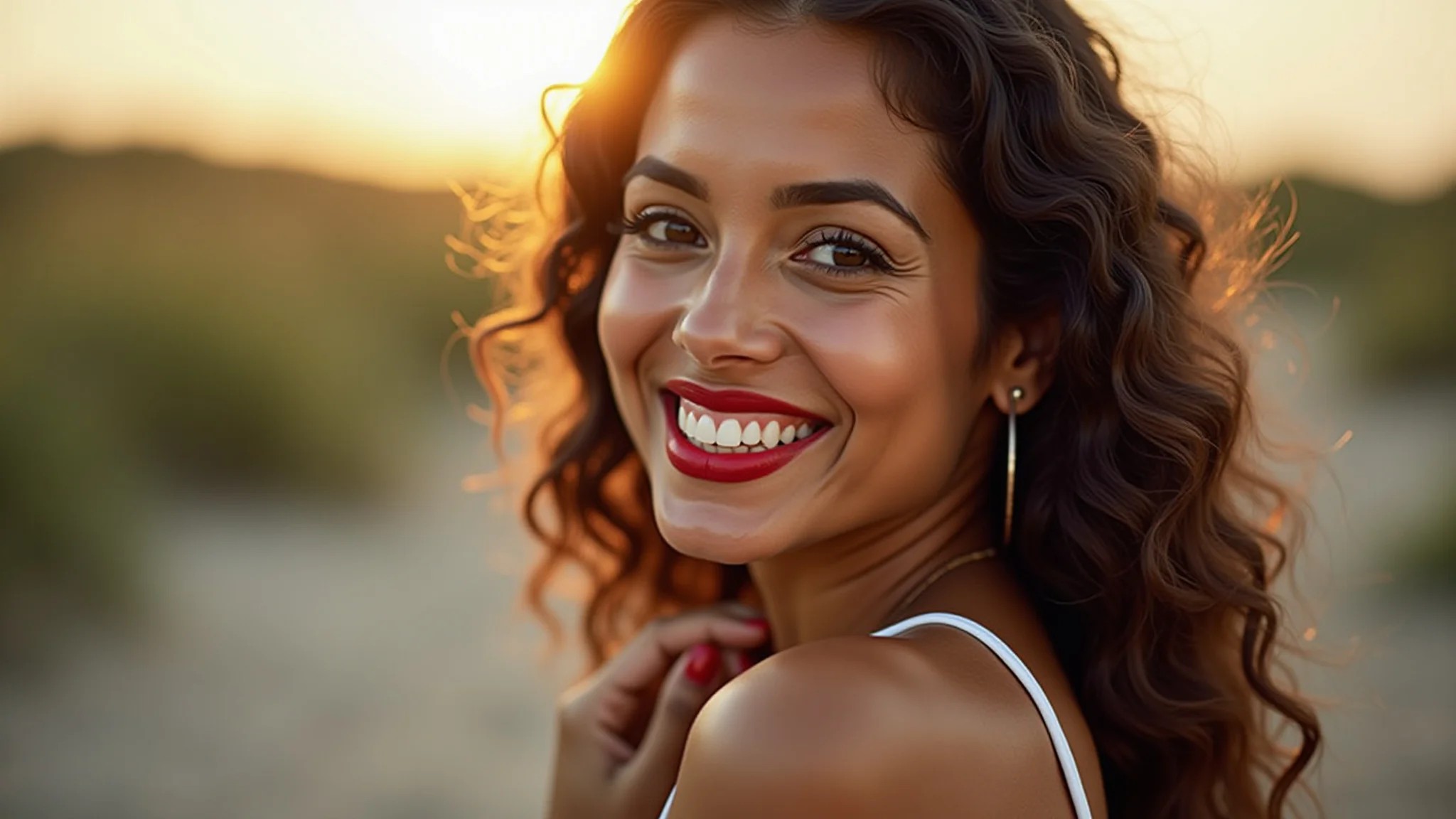 Mulher brasileira com tom de pele médio usando batom vermelho Maybelline.