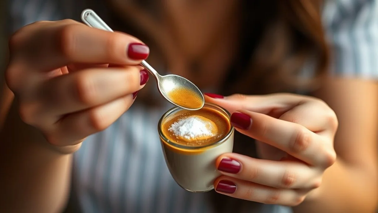 Colher de café mexendo açúcar em café expresso. Pequena e charmosa, ideal para o cafezinho brasileiro.