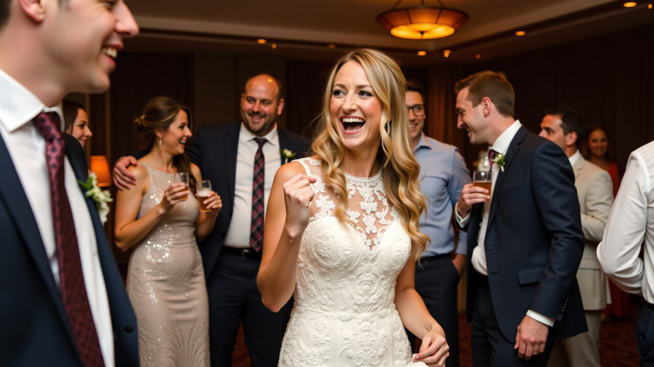 Bride dancing freely with a comfortable and secure hairstyle, laughing joyfully, party atmosphere, Noiva dançando livremente com um penteado confortável e seguro.