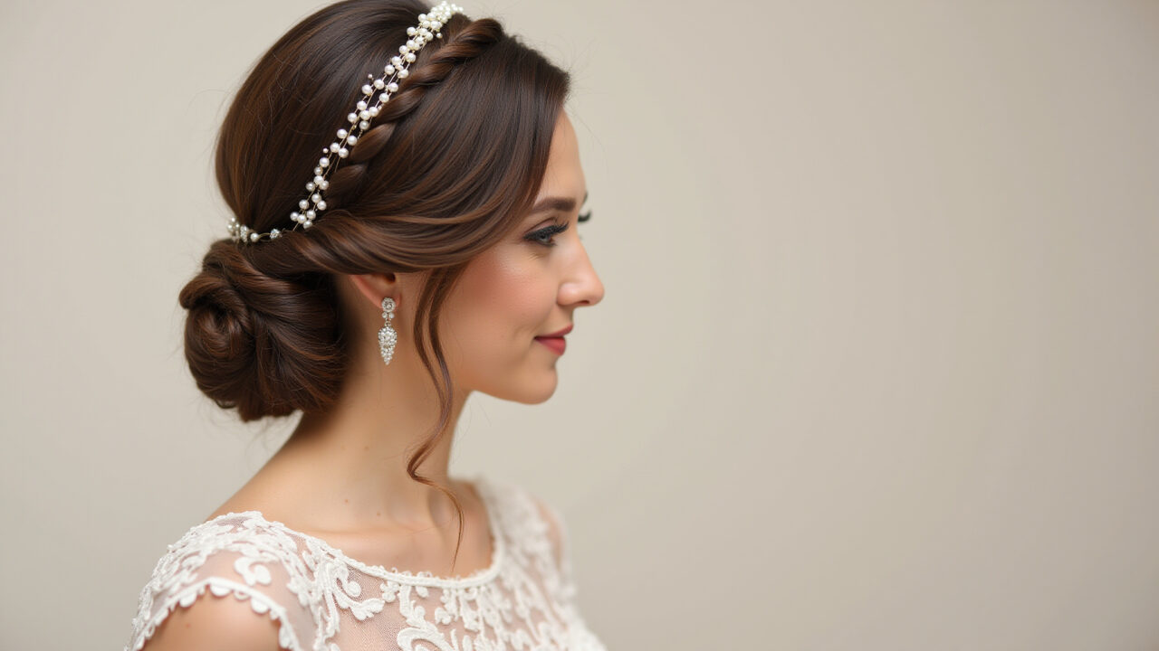 Bride with a braided updo hairstyle, incorporating small pearls, wearing a detailed lace dress, Noiva com penteado trançado adornado com pequenas pérolas.