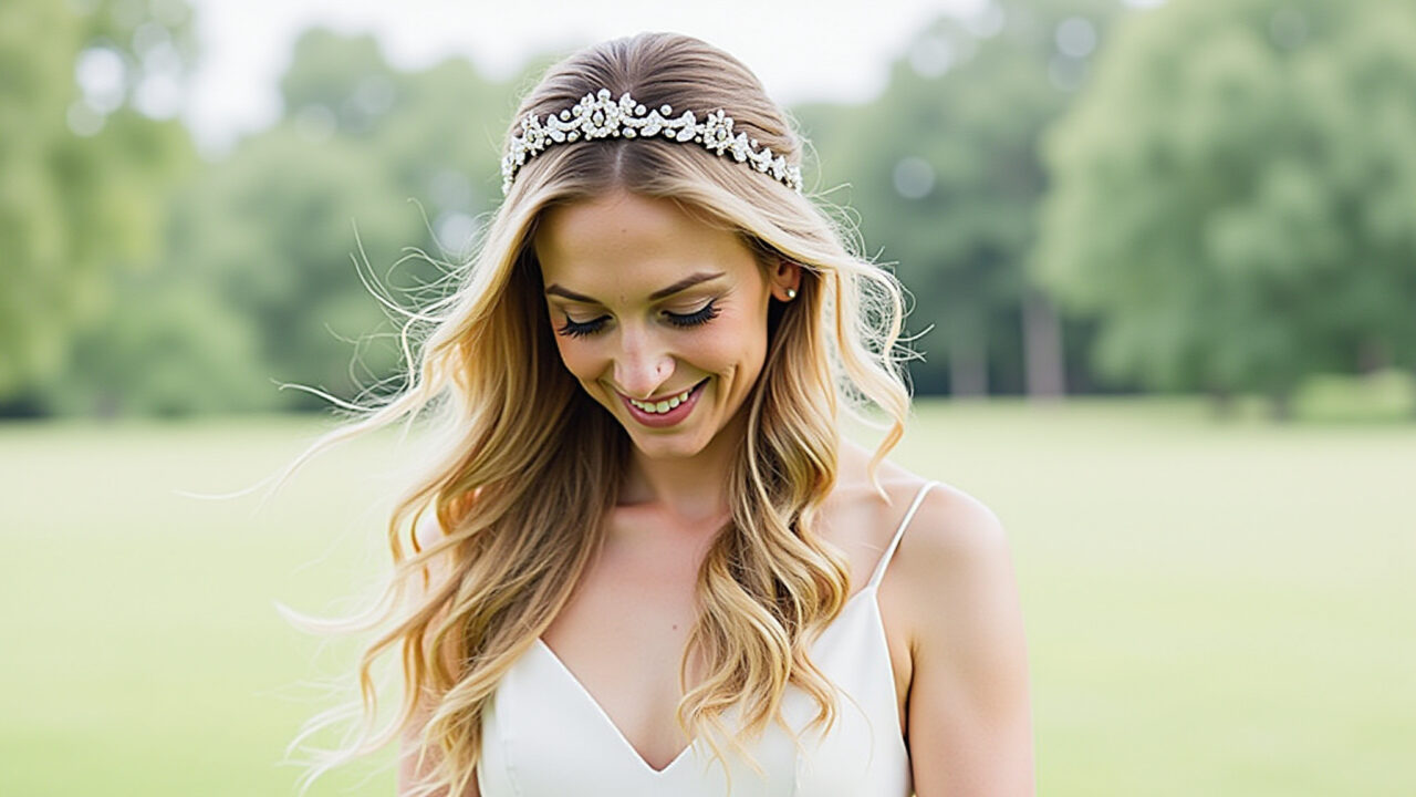 Bride with long, flowing hair styled in loose waves, accessorized with a delicate tiara, wearing a Noiva com cabelo longo e ondulado, usando uma tiara delicada.