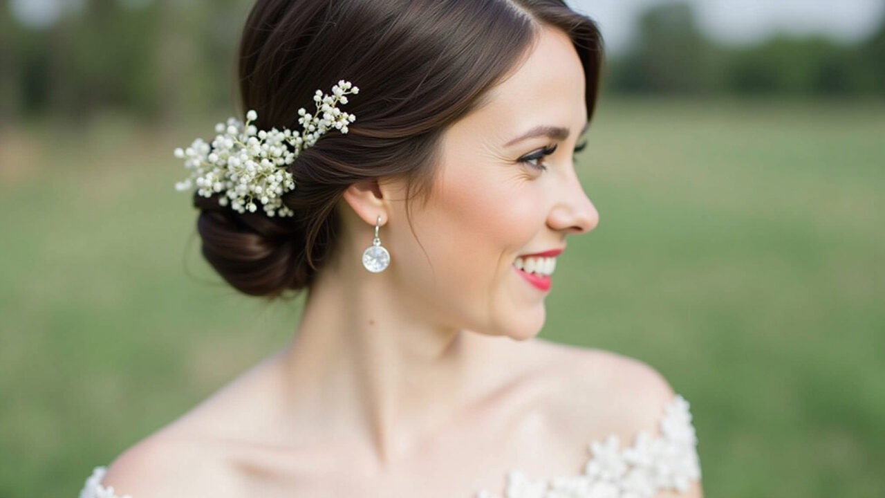Bride with natural flower hairpins, minimalist style, soft focus, natural lighting, 8K quality, Noiva com grampos de flores naturais no cabelo.