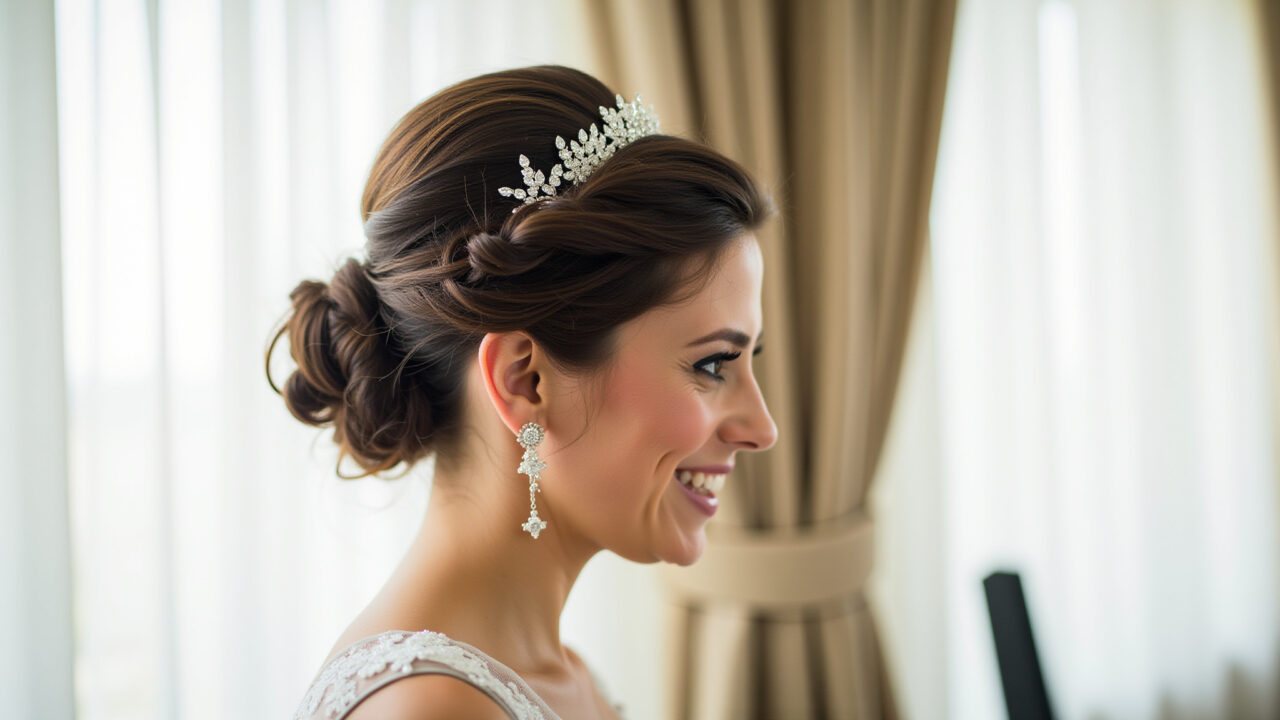 Bride with updo and hair accessories, wearing a tiara, elegant setting, soft light, 8k, Noiva com coque e acessórios de cabelo, usando uma tiara.