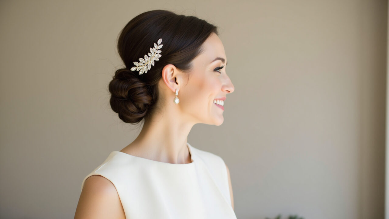 Bride's hairstyle adorned with a single, statement accessory, minimalist dress, elegant simplicity, Penteado de noiva adornado com um único acessório marcante.