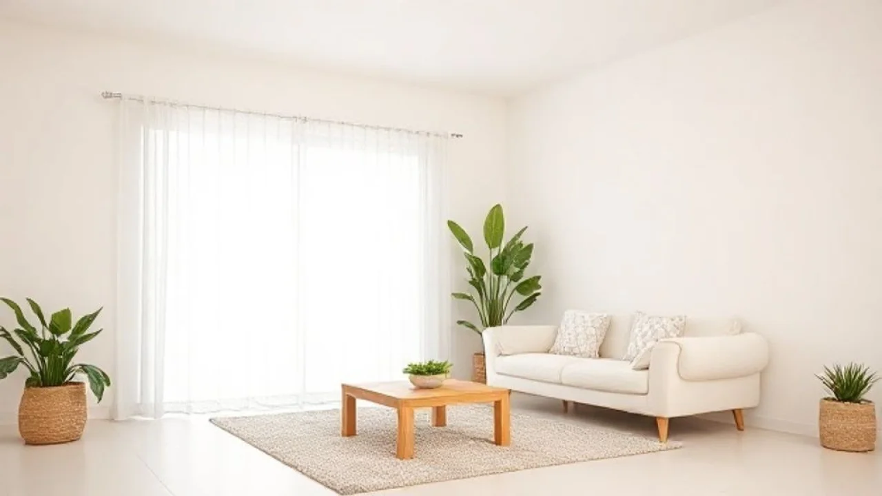 Bright, airy Brazilian living room, minimalist decor, neutral color palette, white sofa, wooden Sala clean e simples com sofá branco, mesa de madeira e luz natural