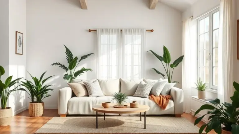Sala de estar iluminada com sofá de linho, decoração brasileira e plantas.