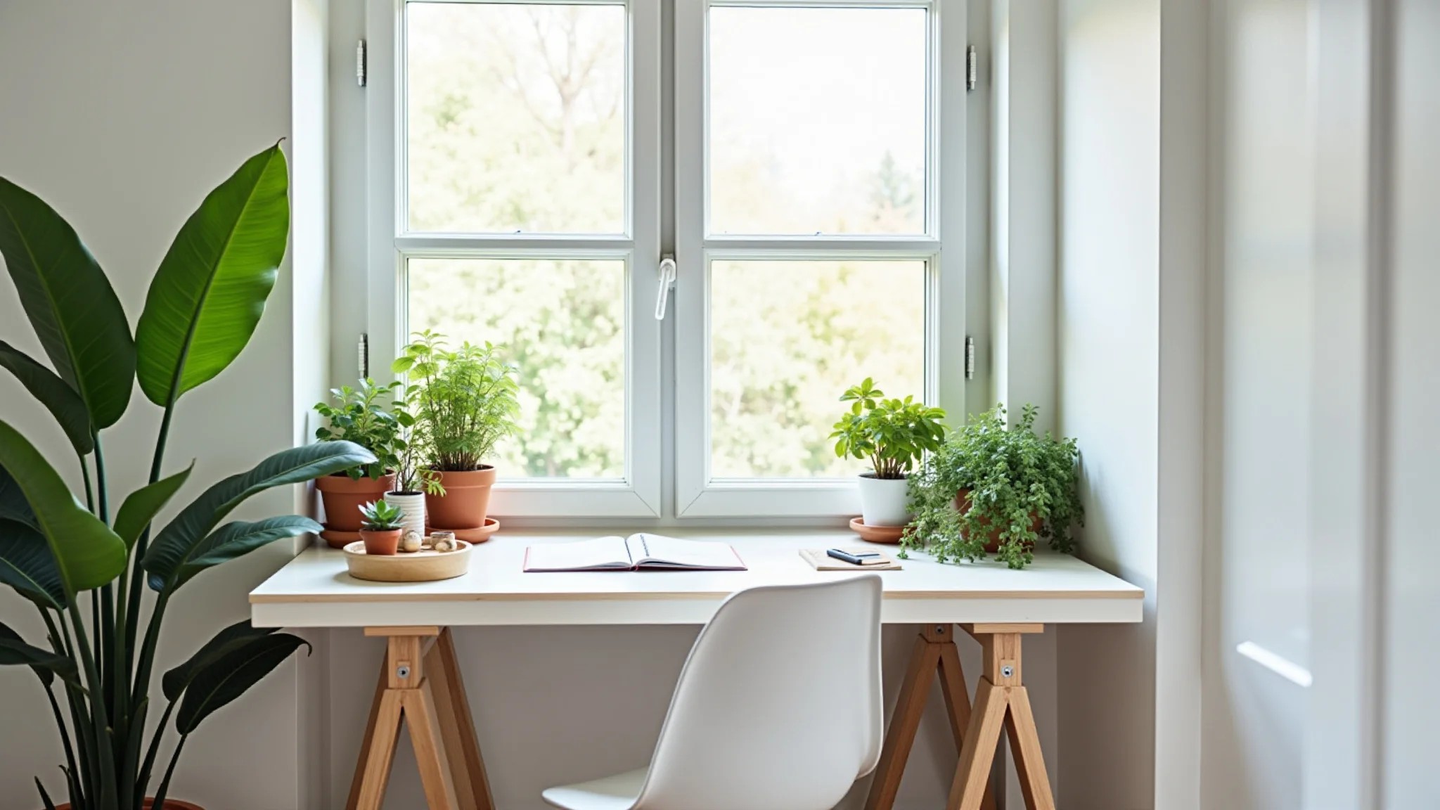 Home office claro e arejado com paredes brancas, plantas feng shui e mesa organizada.