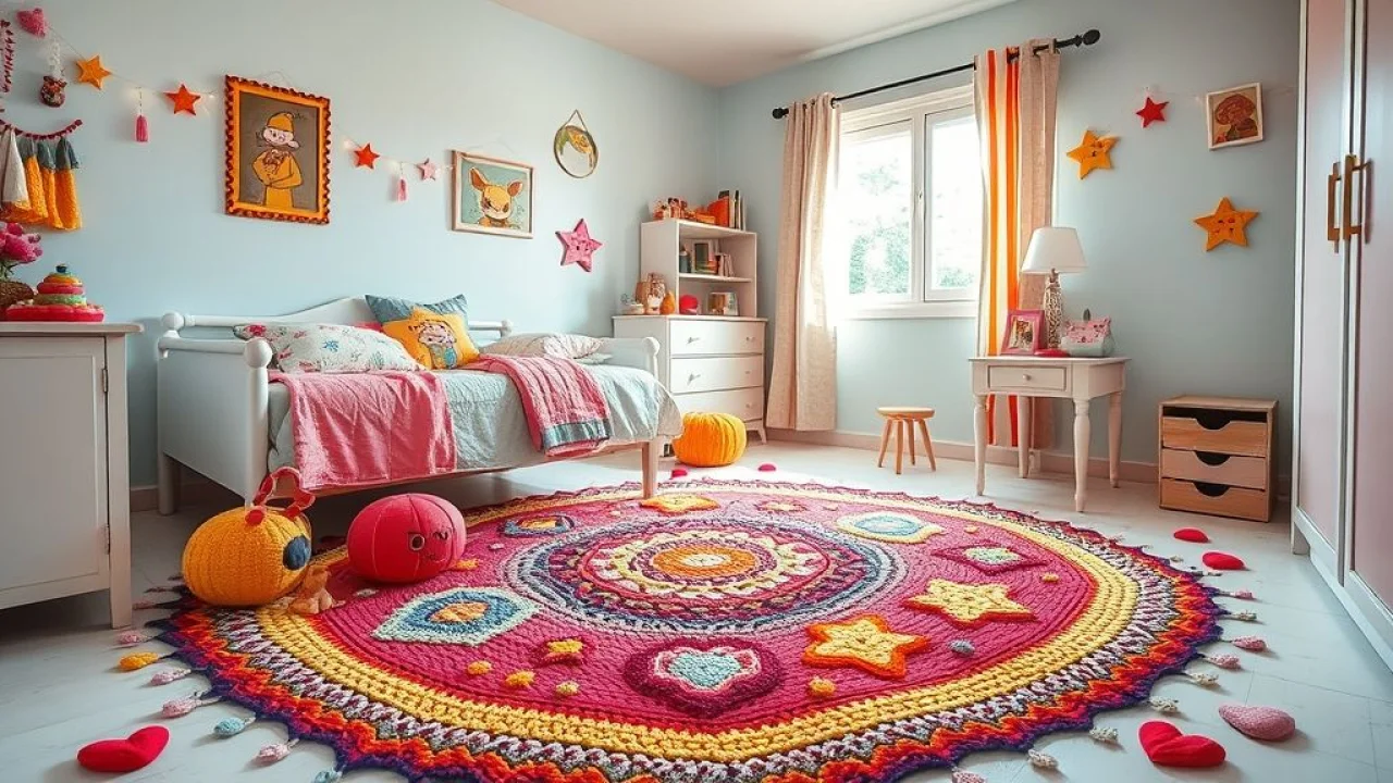 Bright and cheerful girl's bedroom in Brazil, featuring a colorful crochet rug with playful animal Quarto de menina com tapete de crochê colorido em formato de estrela e coração