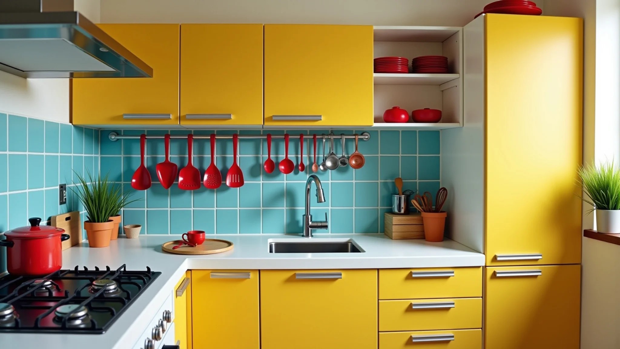 Cozinha alegre com armários amarelos, utensílios vermelhos e azulejos azuis. Estilo brasileiro.