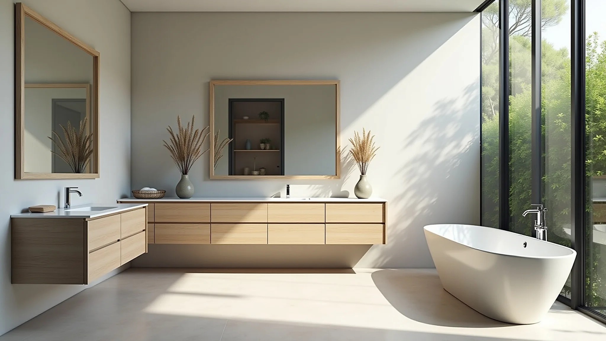 Banheiro iluminado com espelho amplo sem moldura, design brasileiro, plantas, sensação de espaço.