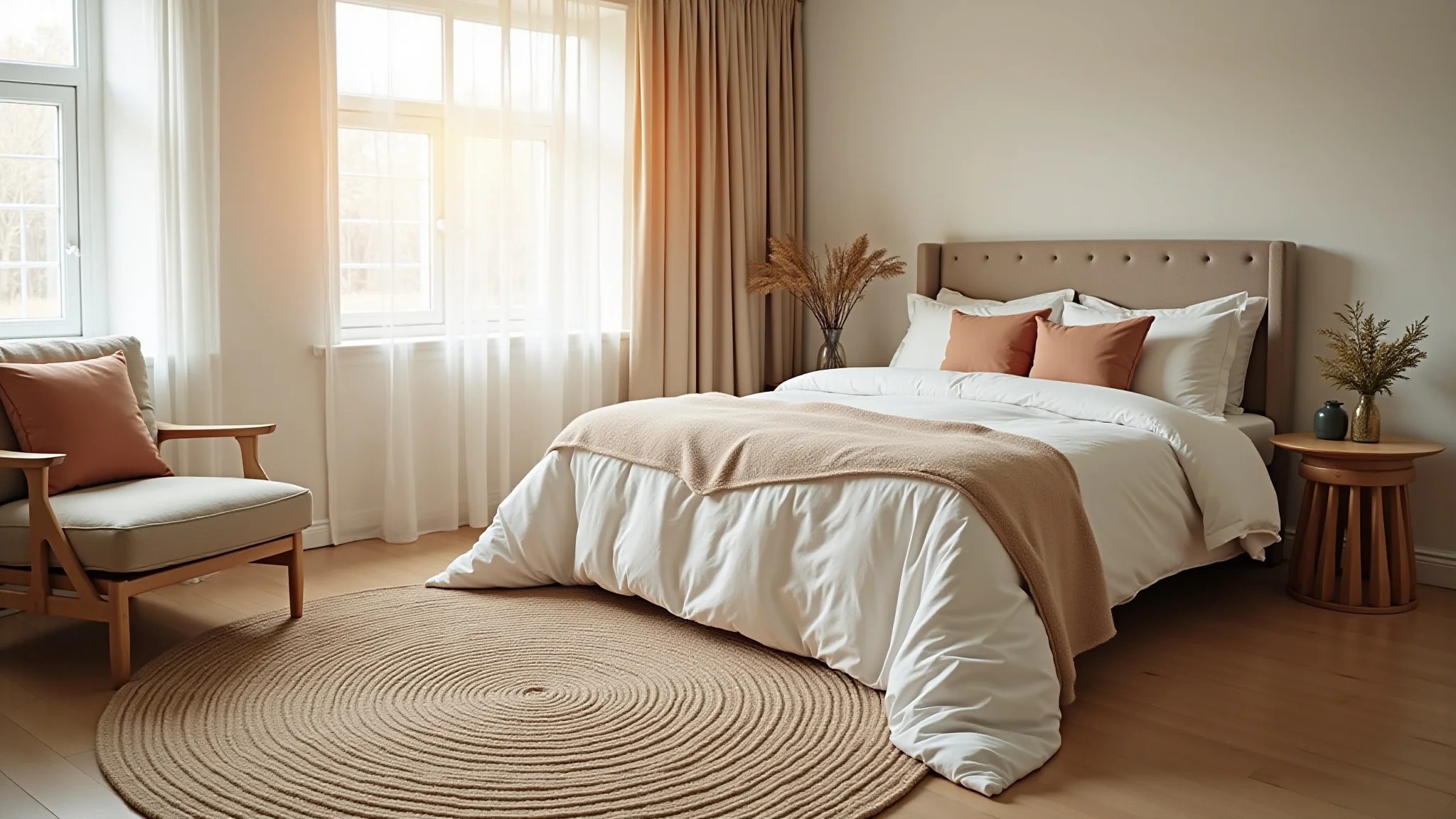 Quarto iluminado com tapete de crochê redondo em tons neutros, luz suave da golden hour.