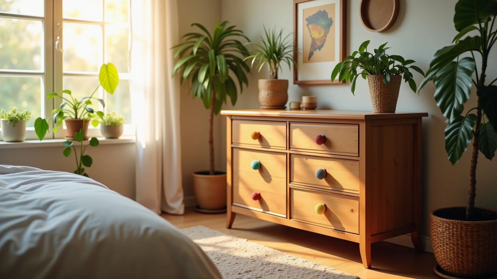 Quarto iluminado com cômoda de madeira e puxadores coloridos, decoração brasileira.