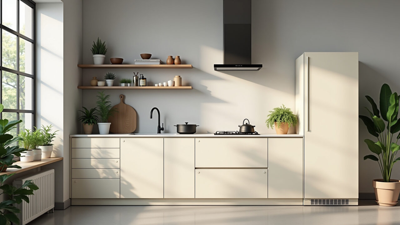 Cozinha compacta com cores claras para ampliar o espaço.