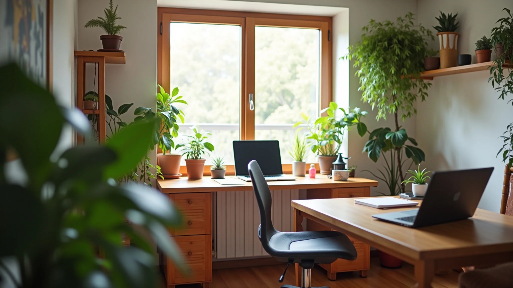 Home office iluminado com mesa de frente para a janela, plantas e elementos de feng shui.