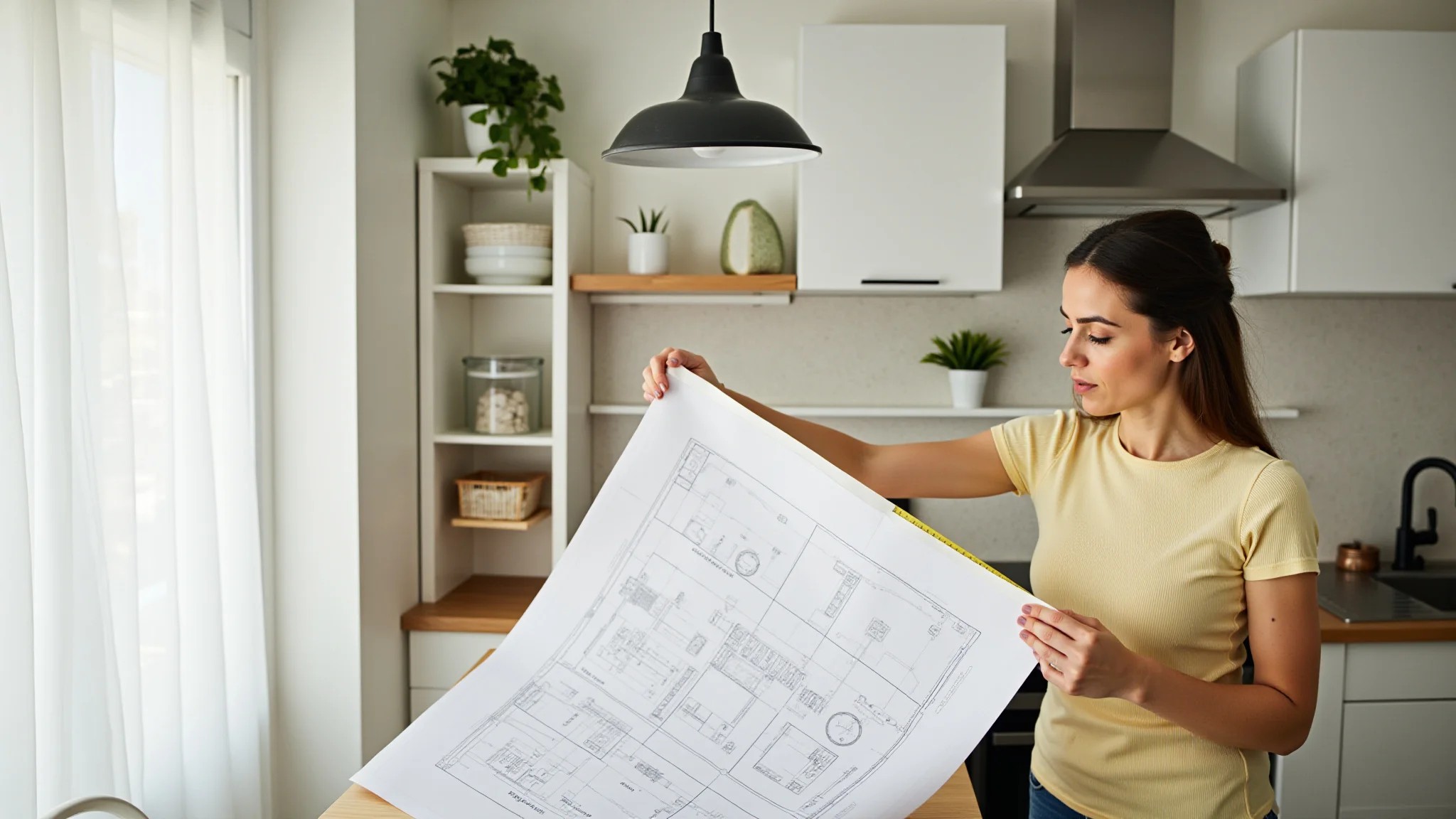 Mulher analisa planta baixa em cozinha moderna com iluminação natural.