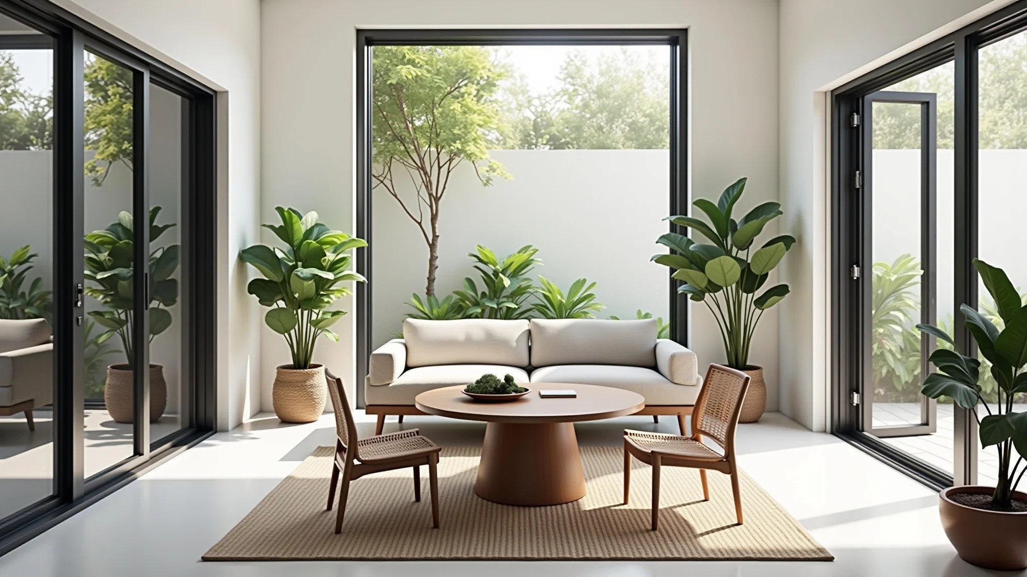 Sala de estar reformada com janelas amplas e muita luz natural.