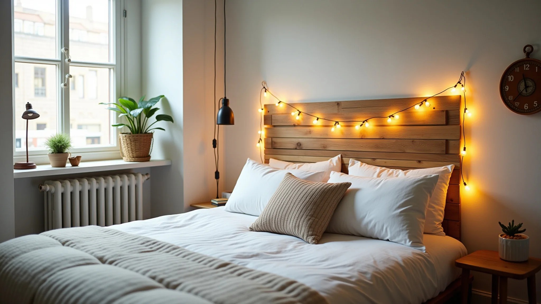 Quarto de casal simples com cabeceira DIY de madeira reciclada e luzes.