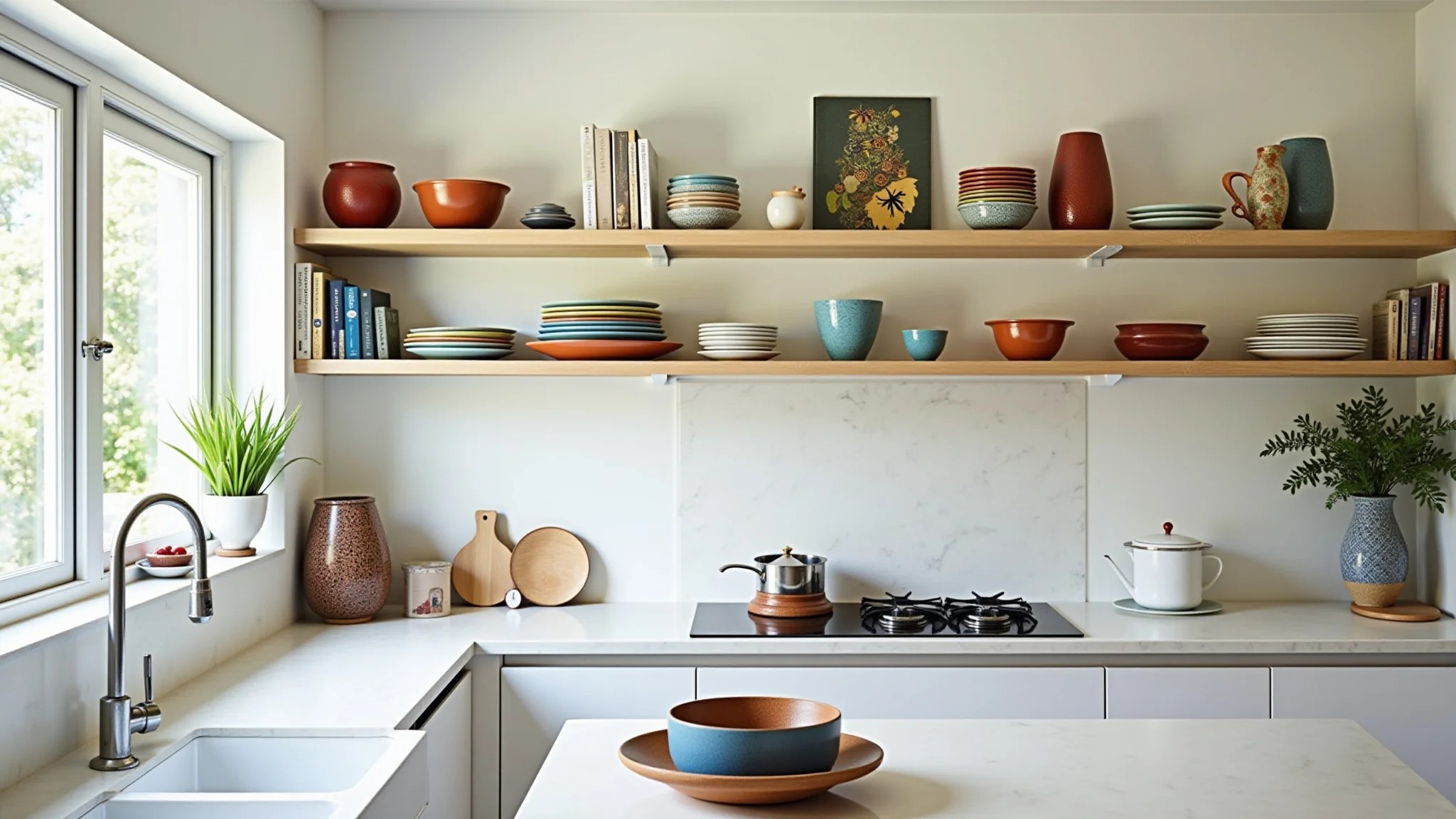 Cozinha iluminada com prateleiras abertas exibindo cerâmicas coloridas e livros de receitas.