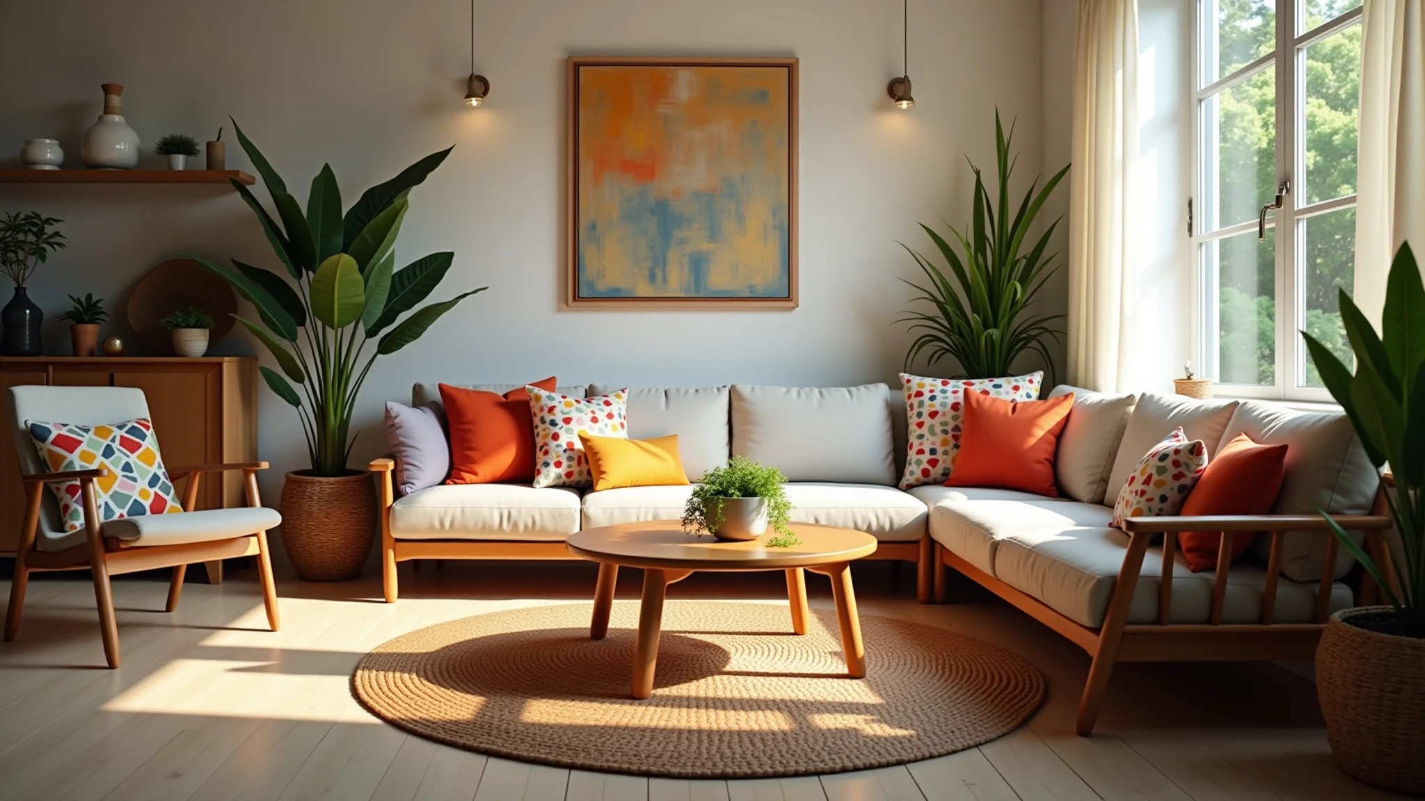 Sala de estar moderna com design brasileiro, almofadas coloridas e móveis de madeira.
