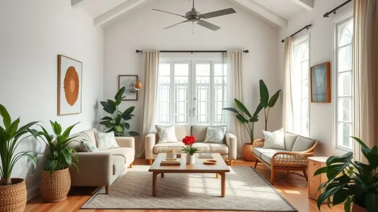 Sala de estar aconchegante com decoração brasileira, sofá, mesa de centro e plantas.